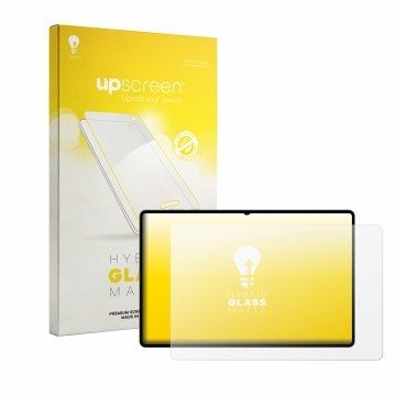 Parte frontal de un envase de producto con el logotipo de la marca upscreen. Al lado se muestra el dispositivo Samsung Galaxy 