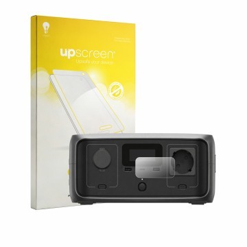 Face avant d’un emballage produit avec le logo de la marque upscreen. À côté, l’appareil EcoFlow River 3 est représenté avec l