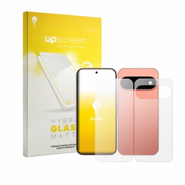 Face avant d’un emballage produit avec le logo de la marque upscreen. À côté, l’appareil Google Pixel 11 Pro (Avant+Arrière) e