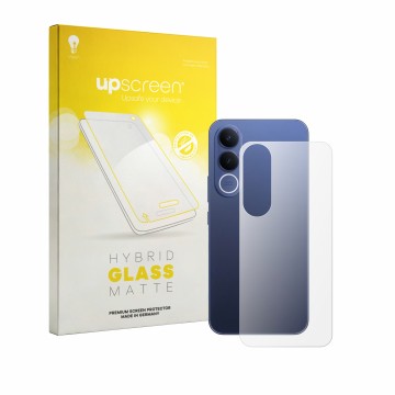 Parte frontal de un envase de producto con el logotipo de la marca upscreen. Al lado se muestra el dispositivo Vivo V70 FE (Tr