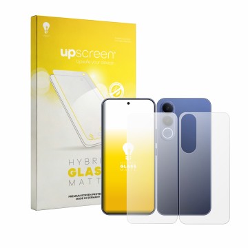 Parte frontal de un envase de producto con el logotipo de la marca upscreen. Al lado se muestra el dispositivo Vivo V70 FE (Fr