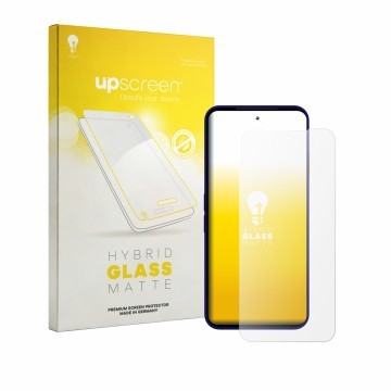 Parte frontal de un envase de producto con el logotipo de la marca upscreen. Al lado se muestra el dispositivo Fairphone 6 Plu