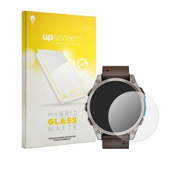 Face avant d’un emballage produit avec le logo de la marque upscreen. À côté, l’appareil Garmin D2 Mach 2 (47 mm) est représen