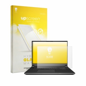 Vorderseite einer Produktverpackung mit dem Markenlogo upscreen. Daneben ist das Gerät Schenker KEY 18 Pro E25 mit dem zugehör