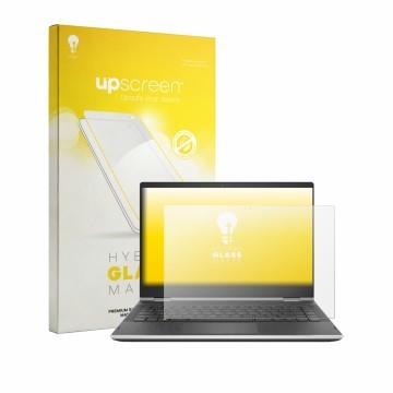 Vorderseite einer Produktverpackung mit dem Markenlogo upscreen. Daneben ist das Gerät HP Pavilion x360 14-cd0020nf mit dem zu