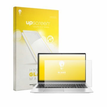 Parte frontal de un envase de producto con el logotipo de la marca upscreen. Al lado se muestra el dispositivo HP ProBook 455 