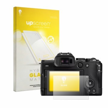 Vorderseite einer Produktverpackung mit dem Markenlogo upscreen. Daneben ist das Gerät Canon EOS R8 Mark II mit dem zugehörige