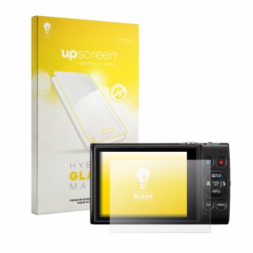 Vorderseite einer Produktverpackung mit dem Markenlogo upscreen. Daneben ist das Gerät Canon IXUS 285 HS A mit dem zugehörigen