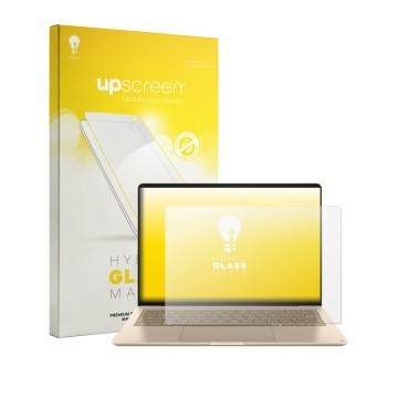Vorderseite einer Produktverpackung mit dem Markenlogo upscreen. Daneben ist das Gerät Asus Zenbook 14 UX3480 2026 mit dem zug