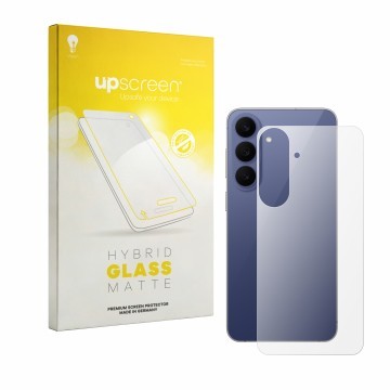 Face avant d’un emballage produit avec le logo de la marque upscreen. À côté, l’appareil Samsung Galaxy S26 FE (Arrière) est r
