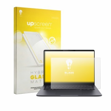 Face avant d’un emballage produit avec le logo de la marque upscreen. À côté, l’appareil ASUS ExpertBook B3 Gen 2 B3405 est re