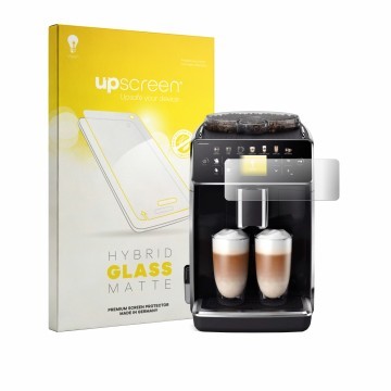 Face avant d’un emballage produit avec le logo de la marque upscreen. À côté, l’appareil Saeco GranAroma est représenté avec l