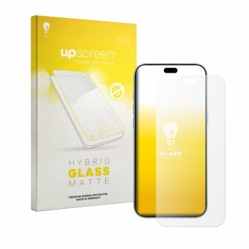 Vorderseite einer Produktverpackung mit dem Markenlogo upscreen. Daneben ist das Gerät Apple iPhone 18 Pro Max mit dem zugehör