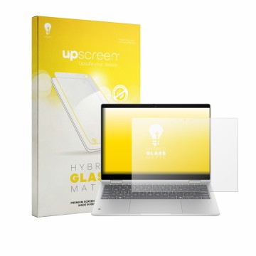 Vorderseite einer Produktverpackung mit dem Markenlogo upscreen. Daneben ist das Gerät HP ProBook 4 Flip G2i 13“ mit dem zugeh