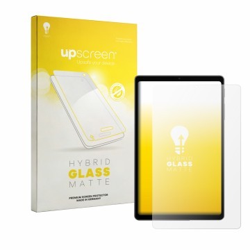 Parte frontal de un envase de producto con el logotipo de la marca upscreen. Al lado se muestra el dispositivo Alldocube iPlay
