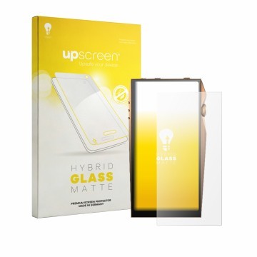 Parte frontal de un envase de producto con el logotipo de la marca upscreen. Al lado se muestra el dispositivo Astell&Kern A&u