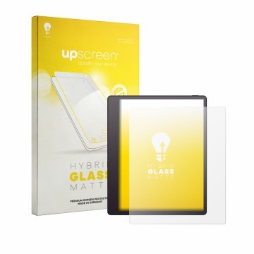 Parte frontal de un envase de producto con el logotipo de la marca upscreen. Al lado se muestra el dispositivo Boox Note Mini 
