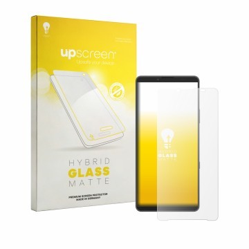 Parte frontale di una confezione del prodotto con il logo del marchio upscreen. Accanto è raffigurato il dispositivo Sony Xper