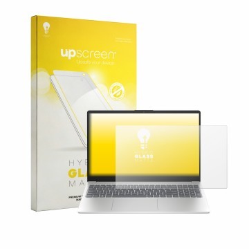 Vorderseite einer Produktverpackung mit dem Markenlogo upscreen. Daneben ist das Gerät HP 15-fd1731ngx mit dem zugehörigen Dis