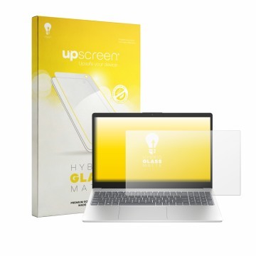 Vorderseite einer Produktverpackung mit dem Markenlogo upscreen. Daneben ist das Gerät HP 15-fd1750ngx mit dem zugehörigen Dis