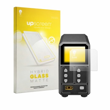 Parte frontal de un envase de producto con el logotipo de la marca upscreen. Al lado se muestra el dispositivo SkyRc eFuel PSU