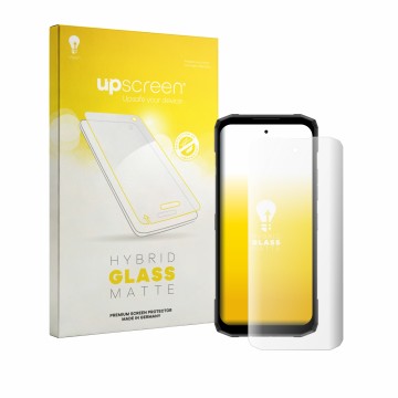 Front side of a product packaging with the brand logo upscreen. Next to it is the device Doogee Blade 20 Plus shown with the c