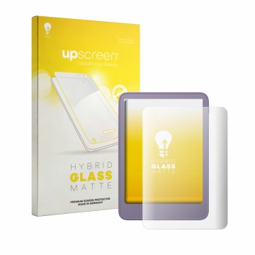 Face avant d’un emballage produit avec le logo de la marque upscreen. À côté, l’appareil Amazon Kindle 2026 est représenté ave