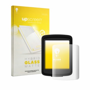 Parte frontale di una confezione del prodotto con il logo del marchio upscreen. Accanto è raffigurato il dispositivo Bryton GO