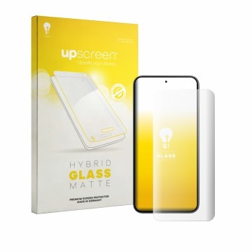 Parte frontal de un envase de producto con el logotipo de la marca upscreen. Al lado se muestra el dispositivo Xiaomi Poco X8 