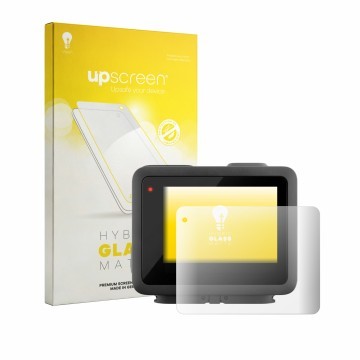 Parte frontal de un envase de producto con el logotipo de la marca upscreen. Al lado se muestra el dispositivo GoPro Hero con 
