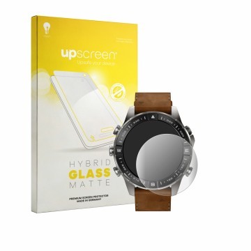 Parte frontal de un envase de producto con el logotipo de la marca upscreen. Al lado se muestra el dispositivo Garmin Marq Adv