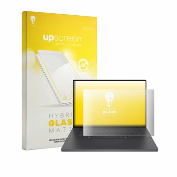Parte frontal de un envase de producto con el logotipo de la marca upscreen. Al lado se muestra el dispositivo Dell XPS 16 Cre