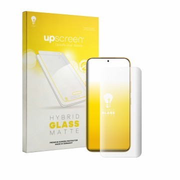 Parte frontal de un envase de producto con el logotipo de la marca upscreen. Al lado se muestra el dispositivo Honor Magic 9 S