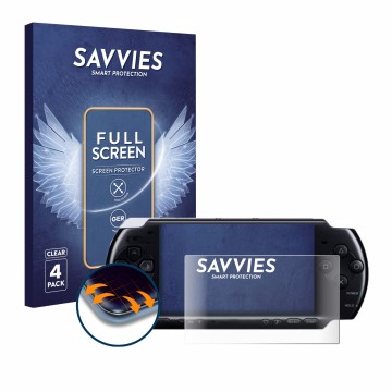 Front side of a product packaging with the brand logo Savvies. Next to it is the device Sony PSP 3004 shown with the correspon
