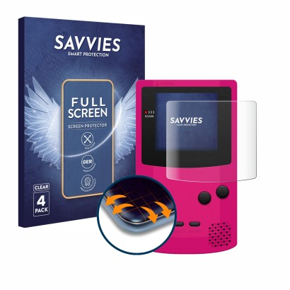 Front side of a product packaging with the brand logo Savvies. Next to it is the device Nintendo Gameboy Color shown with the 