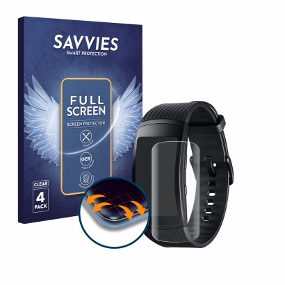 Parte frontal de un envase de producto con el logotipo de la marca Savvies. Al lado se muestra el dispositivo Samsung Gear Fit