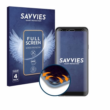 Parte frontal de un envase de producto con el logotipo de la marca Savvies. Al lado se muestra el dispositivo LG Q7 con su pro