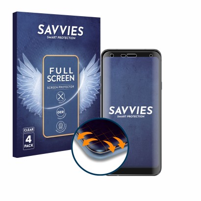 Parte frontal de un envase de producto con el logotipo de la marca Savvies. Al lado se muestra el dispositivo LG Q7 con su pro