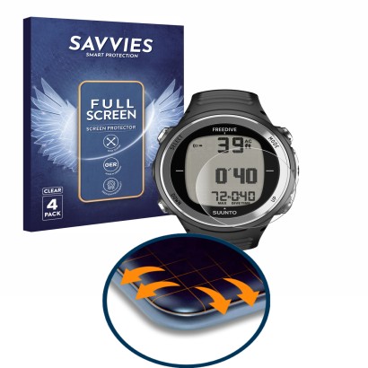 Parte frontale di una confezione del prodotto con il logo del marchio Savvies. Accanto è raffigurato il dispositivo Suunto D4F