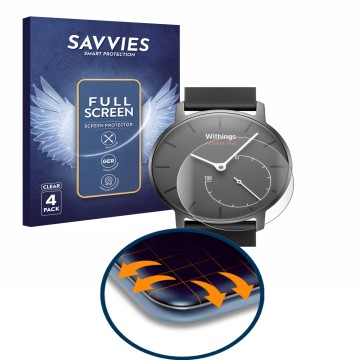 Vorderseite einer Produktverpackung mit dem Markenlogo Savvies. Daneben ist das Gerät Withings Activité Pop mit dem zugehörige
