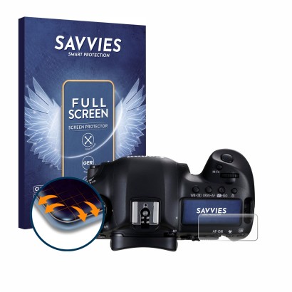Front side of a product packaging with the brand logo Savvies. Next to it is the device Canon EOS 5D Mark III (top plate displ