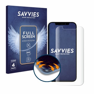 Face avant d’un emballage produit avec le logo de la marque Savvies. À côté, l’appareil Apple iPhone 12 est représenté avec la