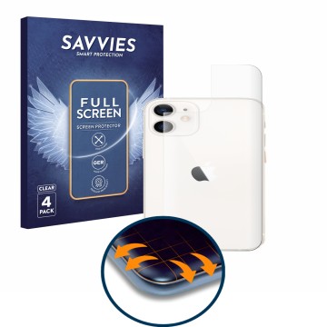 Parte frontal de un envase de producto con el logotipo de la marca Savvies. Al lado se muestra el dispositivo Apple iPhone 12 