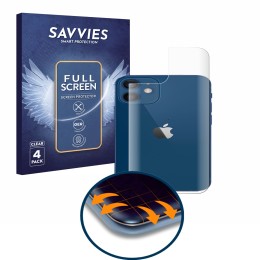 Face avant d’un emballage produit avec le logo de la marque Savvies. À côté, l’appareil Apple iPhone 12 (Arrière) est représen
