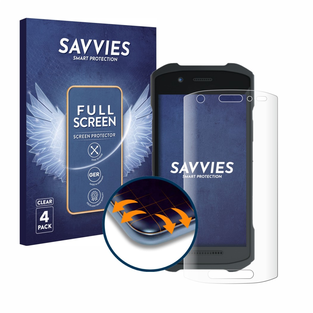 Front side of a product packaging with the brand logo Savvies. Next to it is the device Zebra TC21 shown with the correspondin