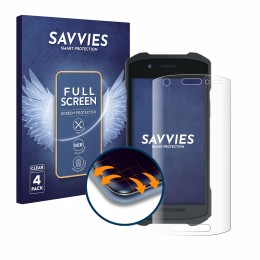 Parte frontal de un envase de producto con el logotipo de la marca Savvies. Al lado se muestra el dispositivo Zebra TC21 con s