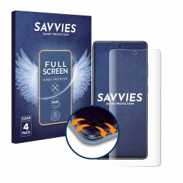 Front side of a product packaging with the brand logo Savvies. Next to it is the device Samsung Galaxy S20 FE shown with the c