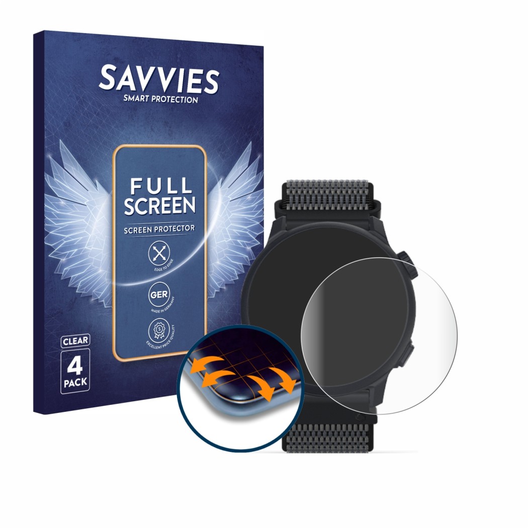 Face avant d’un emballage produit avec le logo de la marque Savvies. À côté, l’appareil Coros Pace 2 est représenté avec la pr