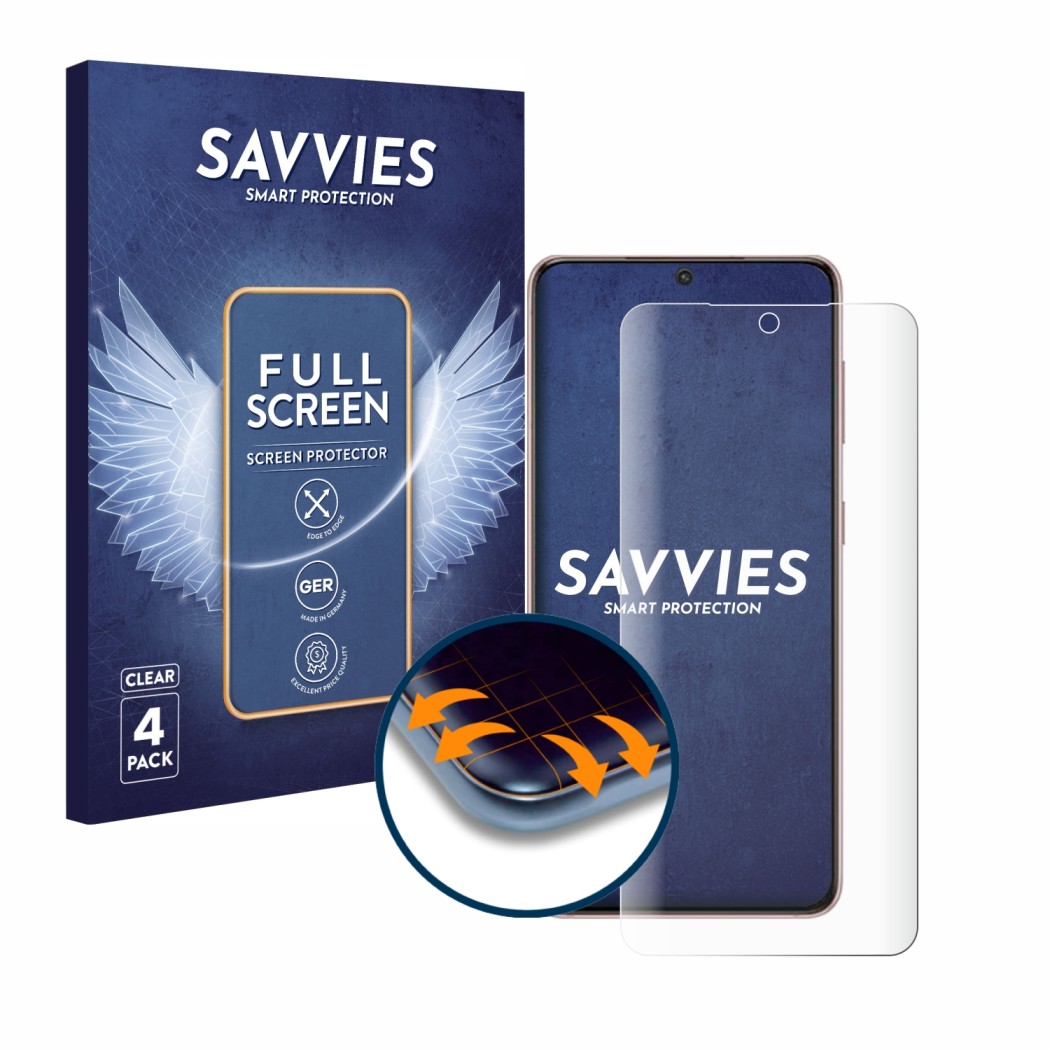 Vorderseite einer Produktverpackung mit dem Markenlogo Savvies. Daneben ist das Gerät Samsung Galaxy S21 5G mit dem zugehörige