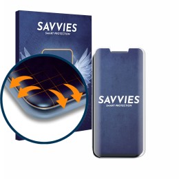 Face avant d’un emballage produit avec le logo de la marque Savvies. À côté, l’appareil Apple iPhone 13 Pro Max est représenté